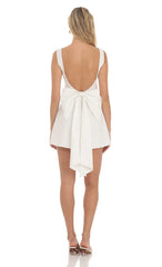 High Neck Back Bow Dress In White