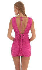 Drawstring V Plunge Dress in Hot Pink
