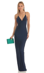 Gathered Cross Back Maxi Dress in Navy