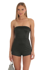 Satin Strapless Romper in Black
