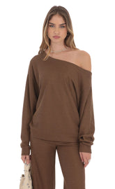 Off Shoulder Knit Oversized Jumper in Brown