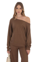 Off Shoulder Knit Oversized Jumper in Brown