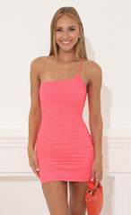 Mesh One Shoulder Bodycon Dress in Neon Pink