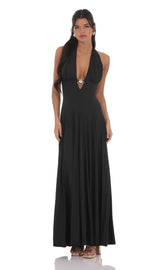 Shell Embellished Plunge Neck Maxi Dress in Black