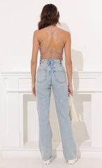 Strappy Back Bodysuit in Blue Velvet Butterfly