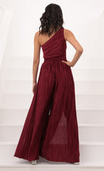 Shimmer One Shoulder Jumpsuit in Burgundy
