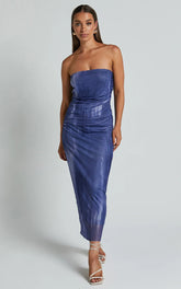 Frelynn Midi Dress - Strapless Ruched Slip Dress In Blue