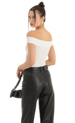 Off Shoulder Mesh Cut Out Bodysuit in White