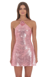 Sequin Florette Halter Dress in Pink