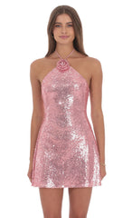 Sequin Florette Halter Dress in Pink
