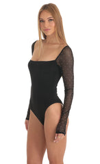 Diamond Glitter Square Neck Bodysuit in Black