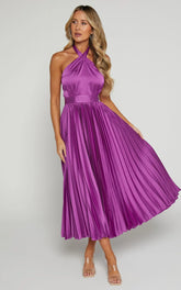 Eloise Midi Dress - Halter Neck Pleated Dress In Grape