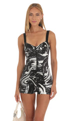 Satin Hook and Eye Romper in Black Swirl Print