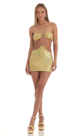 Iridescent Sequin Halter Dress in Gold