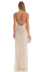 Velvet Rhinestone Slit Maxi Dress in Nude