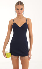 Crepe Rhinestone Trim Bodycon Dress in Navy