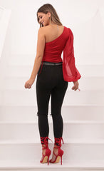 Orion Sheer Sleeve Ruched Bodysuit in Red