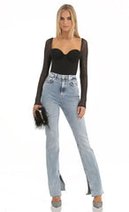 Glitter Mesh Long Sleeve Bodysuit in Black