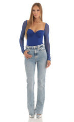 Glitter Mesh Long Sleeve Bodysuit in Blue