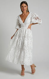 Anieshaya Midi Dress - V Neck Cut Out Lace Dress In White