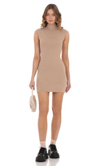 Knit Mock Neck Dress in Tan