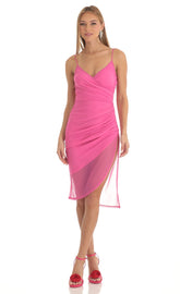 Mesh Bodycon Midi Dress in Hot Pink
