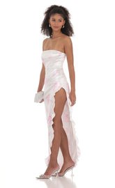 Floral Satin Corset Maxi Dress in White