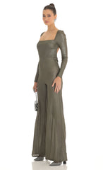 Shimmer Open Back Long Sleeve Jumpsuit in Olive