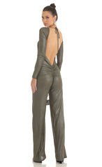 Shimmer Open Back Long Sleeve Jumpsuit in Olive