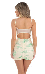 Shimmer Floral Ruched Bodycon Dress in Yellow