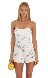 Purple Sakura Print Strapless Romper in White