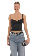 Satin Open Back Tie Top in Black