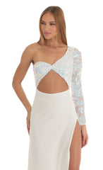 Iridescent Sequin One Shoulder Maxi Dress in White