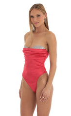 Rhinestone Satin Bodysuit in Red