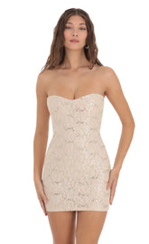 Sequin Lace Strapless Dress in Beige