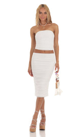 Mesh Ruched Two Piece Set in White