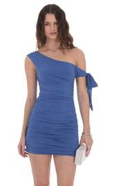 Off Shoulder Shimmer Tie Dress in Royal Blue