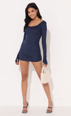 Long Sleeve Bodycon Dress in Blue Suede