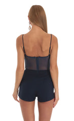 Mesh Corset Romper in Navy