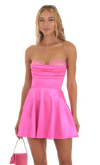 Satin Lace Bust Flare Dress in Pink