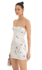 Satin Floral Lace Strapless Dress in White