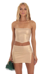 Faux Leather Two Piece Skirt Set in Gold