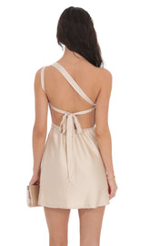 Satin One Shoulder Open Back Dress in Champagne
