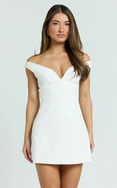 Irene Mini Dress Off Shoulder Bustier Tulip Skirt Dress In White