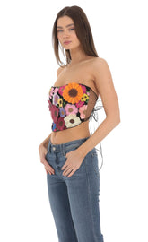 3-D Flower Strapless Top in Black
