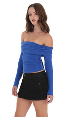 Ribbed Off Shoulder Back Tie Top in Blue