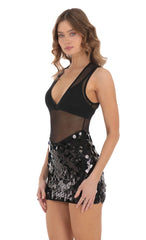 Mesh Sequin Skirt Dress in Black