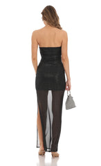 Shimmer Mesh Strapless Maxi Dress in Black