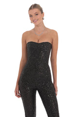 Sequin Strapless Corset Jumpsuit in Black
