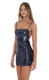 Sequin Square Neck Bodycon Dress in Navy